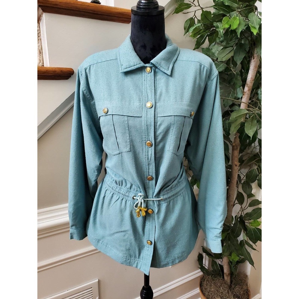 CA Sports Women's Solid Blue 100% Silk Buttons Front Long Sleeve Casual Jacket L